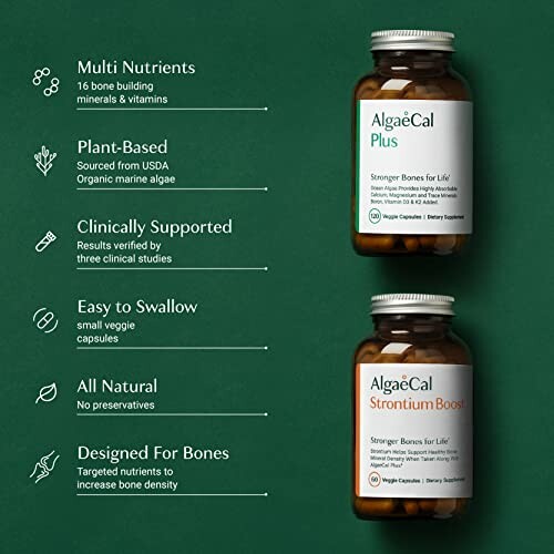 Two bottles of AlgaeCal supplements with features listed.