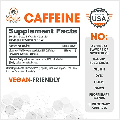 Caffeine supplement facts with vegan-friendly label and no banned substances.