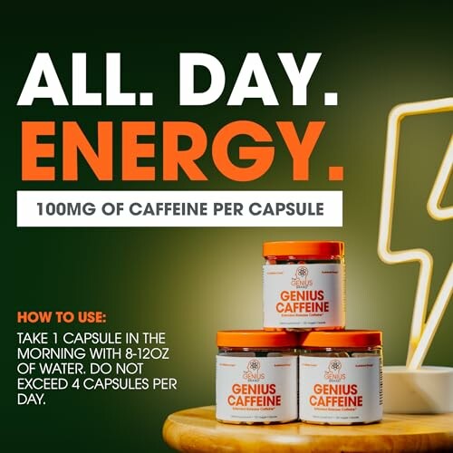 Genius Caffeine supplement bottles stacked with dosage instructions.