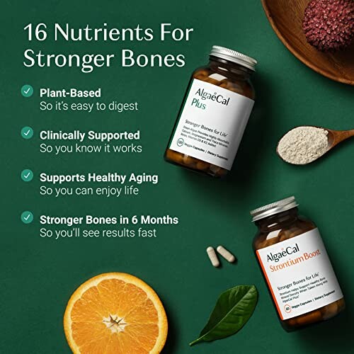 Two supplement bottles with text highlighting benefits for stronger bones.