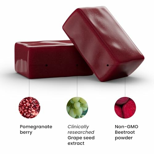 Red nutrient chews with pomegranate berry, grape seed extract, and beetroot powder.