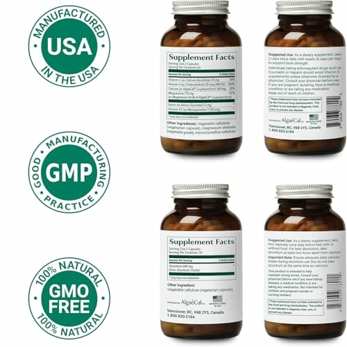 Four supplement bottles with labels and manufacturing certifications.