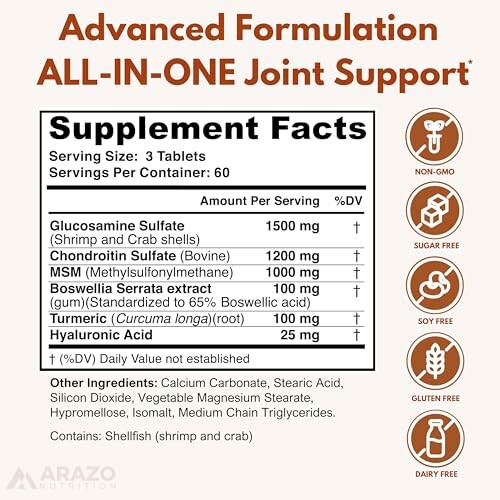 Supplement facts for all-in-one joint support with icons for non-GMO, sugar-free, soy-free, gluten-free, dairy-free.